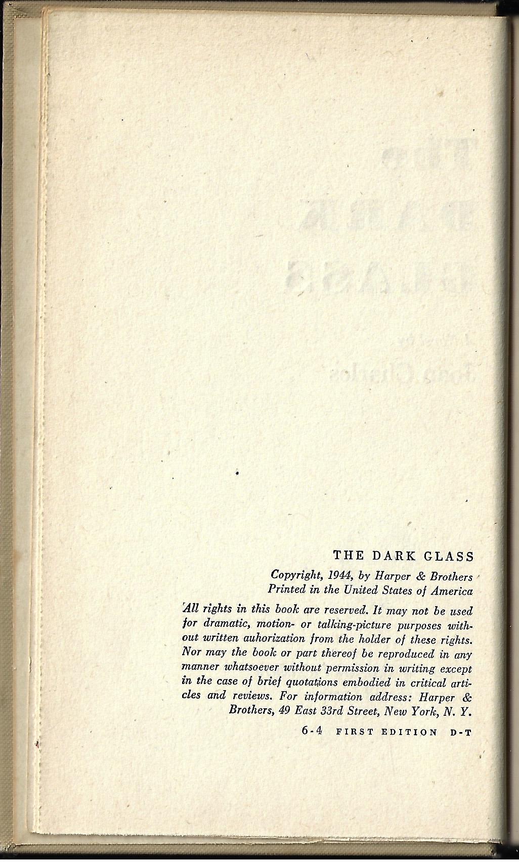 Joan Charles / The Dark Glass 1st Edition